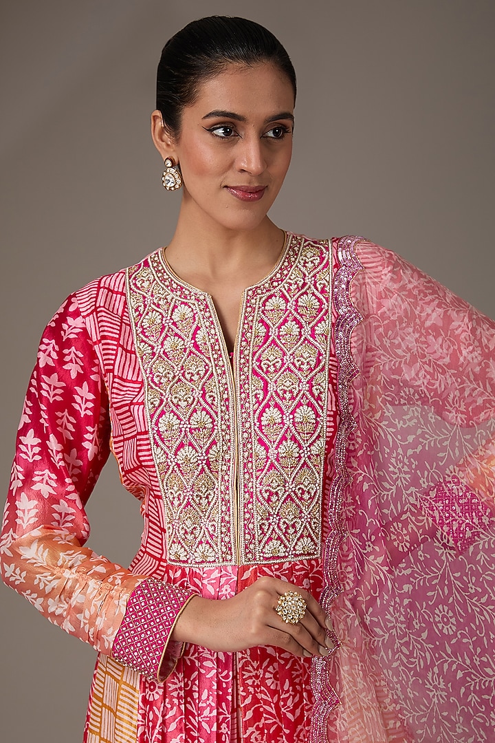 Multi-Colored Kora Silk Block Printed & Hand Embroidered Kurta Set by Prisha's at Pernia's Pop Up Shop