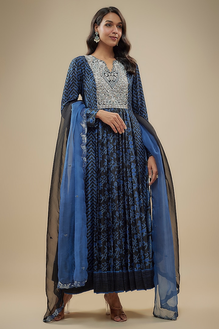 Blue Kora Silk Embroidered & Printed Pleated Kurta Set by Prisha's