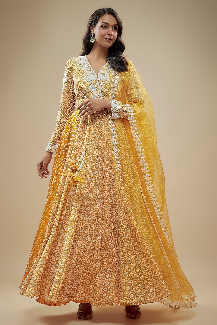 Gold Kora Silk Zardosi Embroidered & Block Printed Anarkali Set by Prisha's