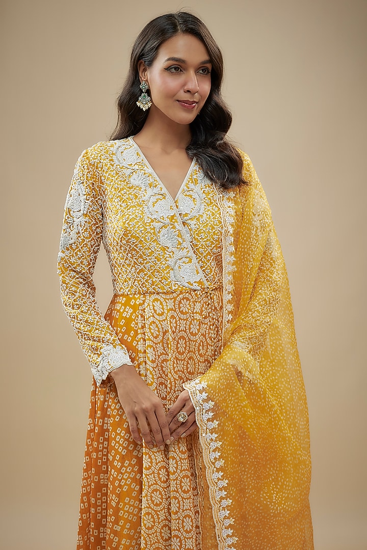 Gold Kora Silk Zardosi Embroidered & Block Printed Wedding Anarkali Set by Prisha's at Pernia's Pop Up Shop