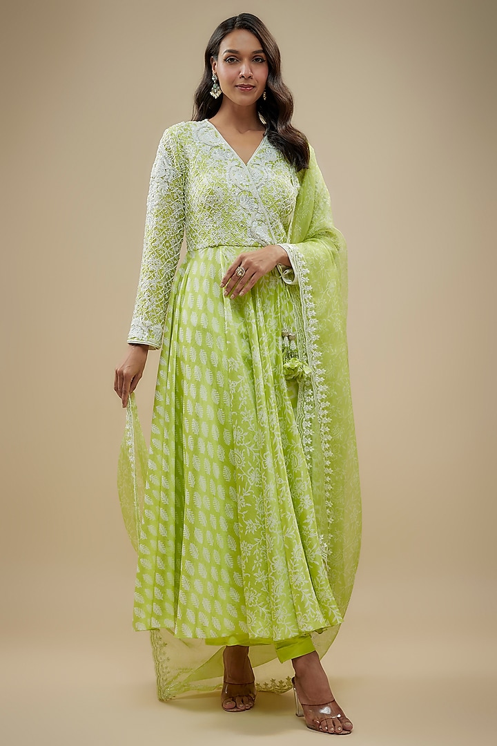 Green Kora Silk Zardosi Embroidered & Block Printed Anarkali Set by Prisha's at Pernia's Pop Up Shop