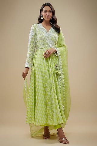 Green Kora Silk Zardosi Embroidered & Block Printed Anarkali Set by Prisha's