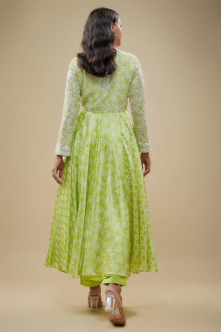 Green Kora Silk Zardosi Embroidered & Block Printed Wedding Anarkali Set by Prisha's at Pernia's Pop Up Shop