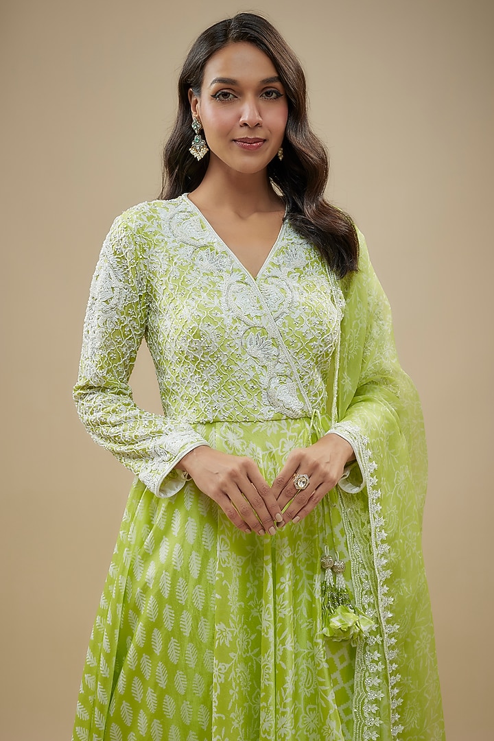 Green Kora Silk Zardosi Embroidered & Block Printed Wedding Anarkali Set by Prisha's at Pernia's Pop Up Shop