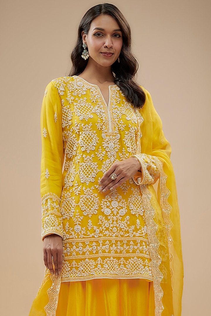 Yellow Silk Dori Embroidered Kurta Set by Prisha's at Pernia's Pop Up Shop
