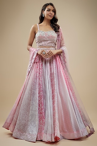 Pink & Grey Kora Silk Block Printed Lehenga Set by Prisha's