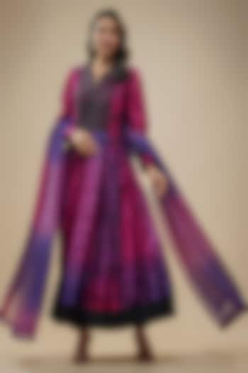 Pink & Purple Kora Silk Embroidered & Printed Kurta Set by Prisha's