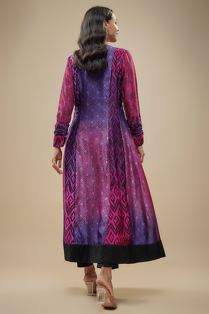 Pink & Purple Kora Silk Embroidered & Printed Kurta Set by Prisha's at Pernia's Pop Up Shop