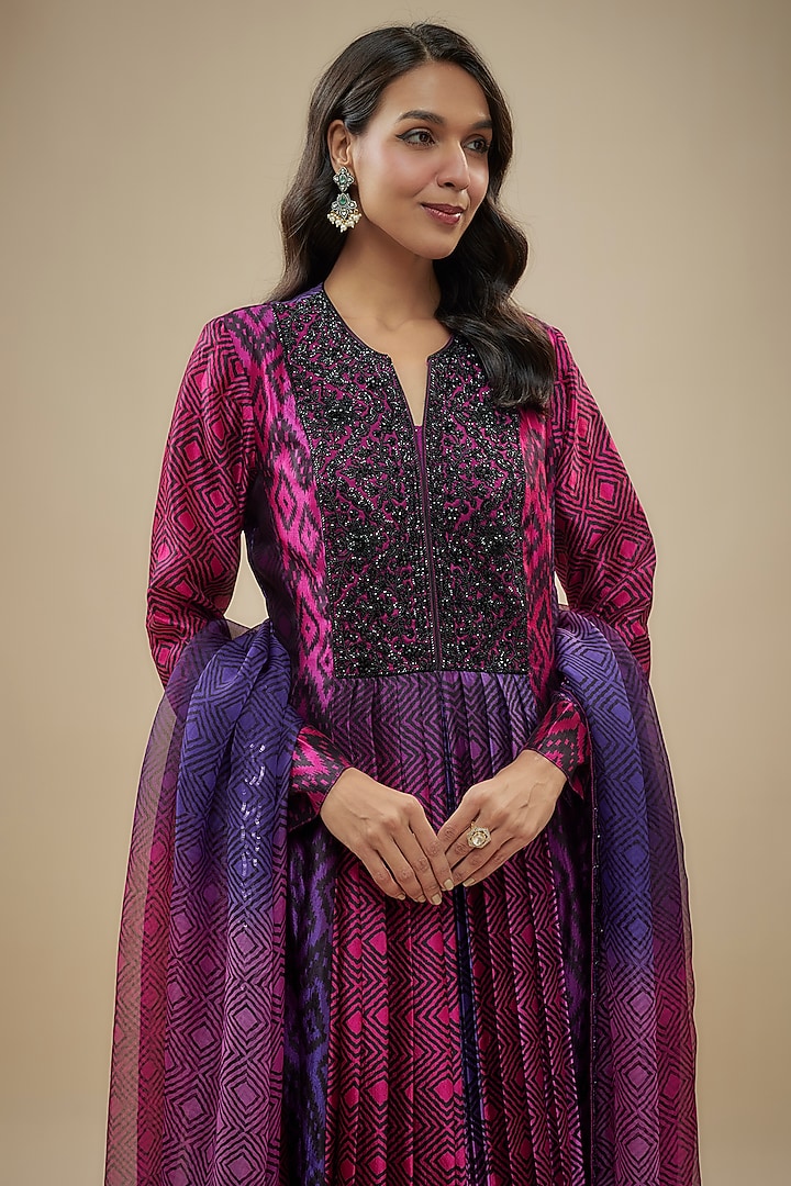 Pink & Purple Kora Silk Embroidered & Printed Kurta Set by Prisha's at Pernia's Pop Up Shop