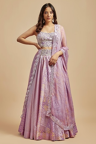 Lilac Kora Silk Bandhani Printed Lehenga Set by Prisha's