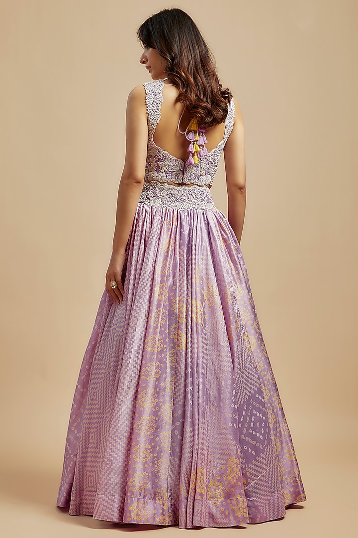 Lilac Kora Silk Bandhani Printed Wedding Lehenga Set by Prisha's at Pernia's Pop Up Shop