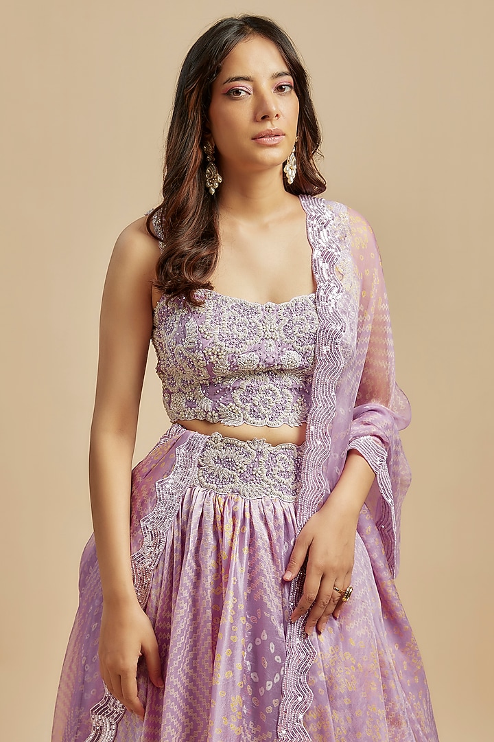 Lilac Kora Silk Bandhani Printed Wedding Lehenga Set by Prisha's at Pernia's Pop Up Shop