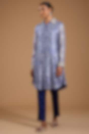 Indigo Kora Silk Printed & Embroidered Co-ord Set by Prisha's at Pernia's Pop Up Shop
