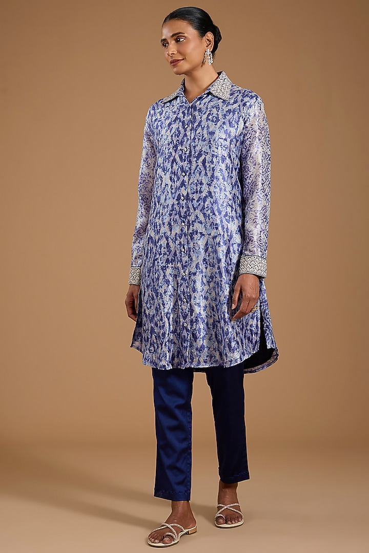 Indigo Kora Silk Printed & Embroidered Co-ord Set by Prisha's at Pernia's Pop Up Shop