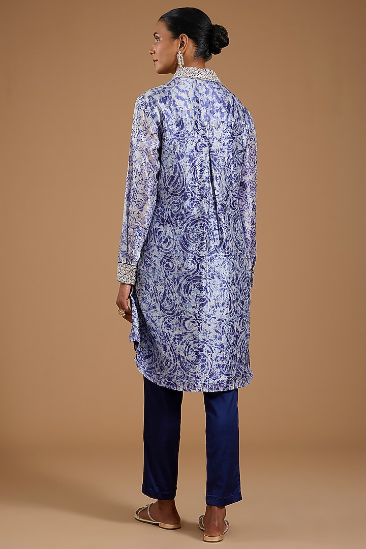 Indigo Kora Silk Printed & Embroidered Co-ord Set by Prisha's at Pernia's Pop Up Shop