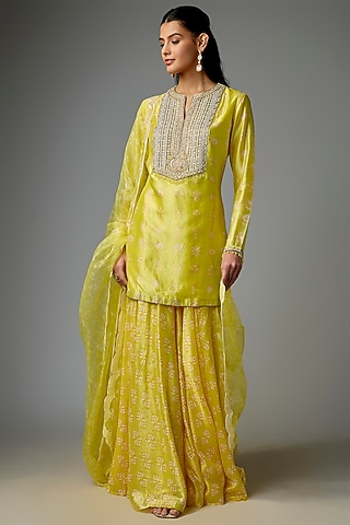 Yellow Kora Silk Palazzo Set by Prisha's