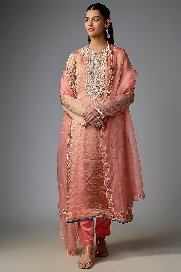 Peach Tissue Organza Embroidered Kalidar Kurta Set by Prisha's at Pernia's Pop Up Shop