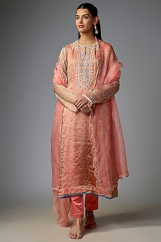 Peach Tissue Organza Embroidered Kalidar Kurta Set by Prisha's