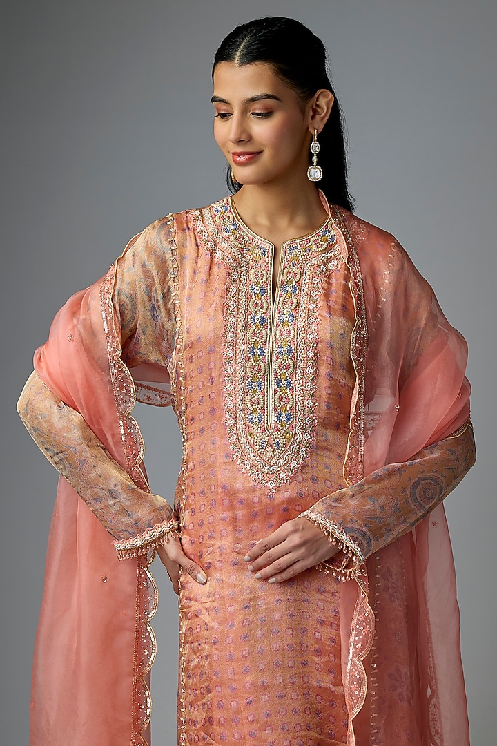 Peach Tissue Organza Embroidered Kalidar Kurta Set by Prisha's at Pernia's Pop Up Shop