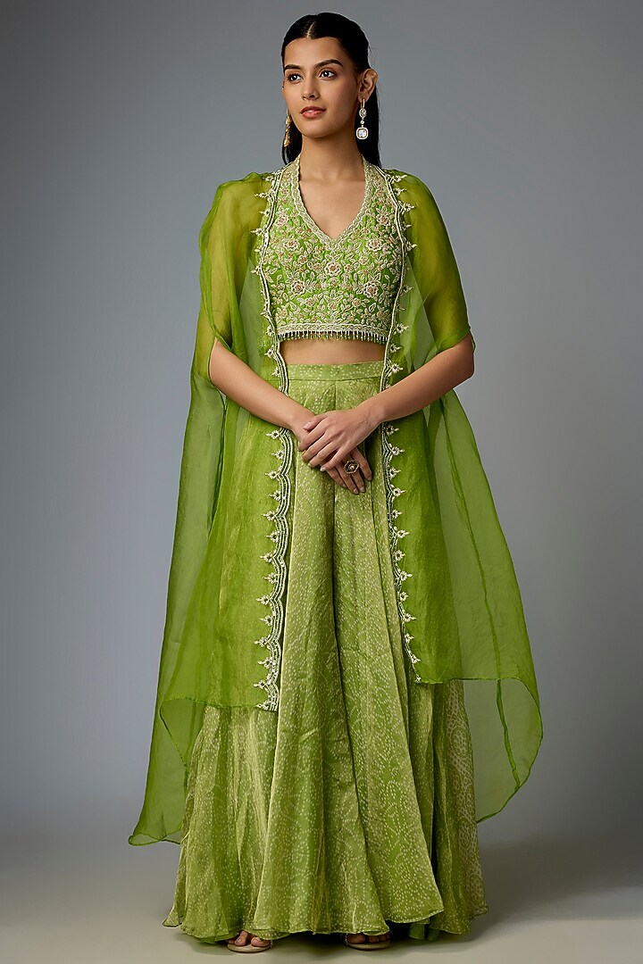 Green Tissue Organza Printed Palazzo Set by Prisha's at Pernia's Pop Up Shop