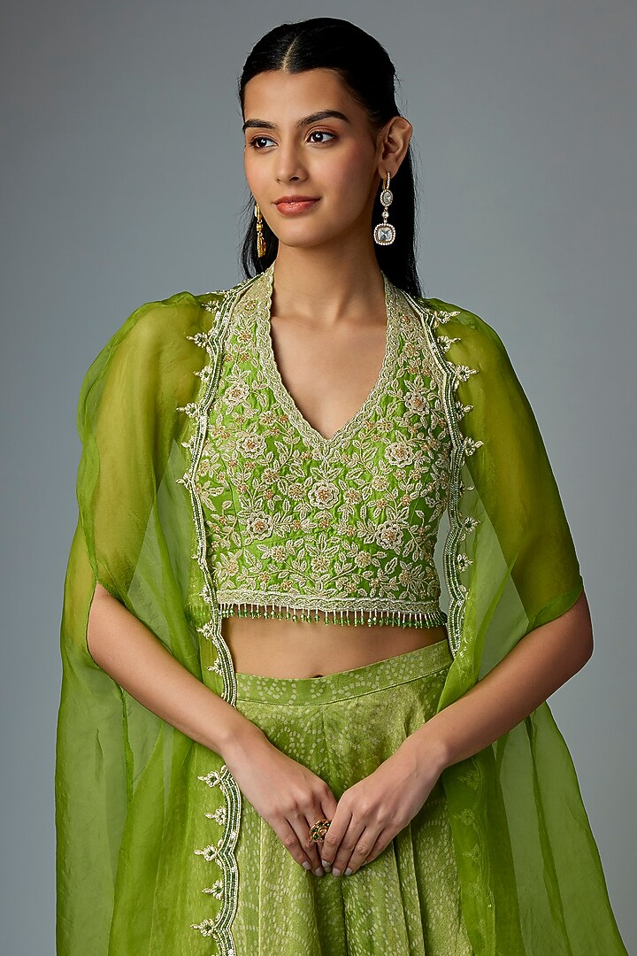 Green Tissue Organza Printed Palazzo Set by Prisha's at Pernia's Pop Up Shop