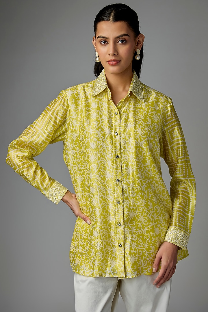 Green Kora Silk Printed & Floral Embroidered Shirt by Prisha's at Pernia's Pop Up Shop