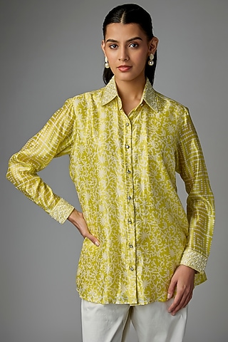 Green Kora Silk Printed & Floral Embroidered Shirt by Prisha's