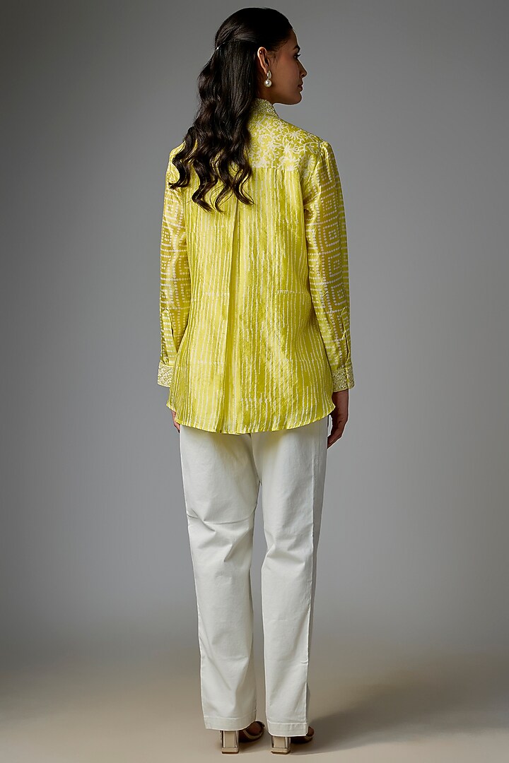 Green Kora Silk Printed & Floral Embroidered Shirt by Prisha's at Pernia's Pop Up Shop