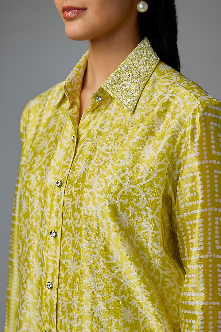 Green Kora Silk Printed & Floral Embroidered Shirt by Prisha's at Pernia's Pop Up Shop