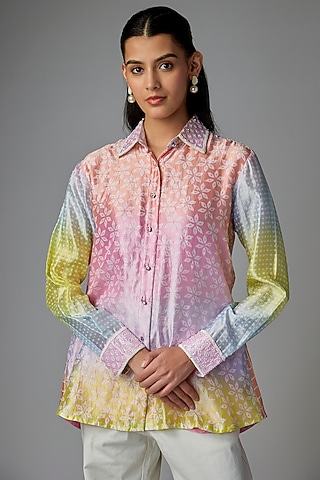 Multi-Colored Kora Silk Floral Printed Shirt by Prisha's