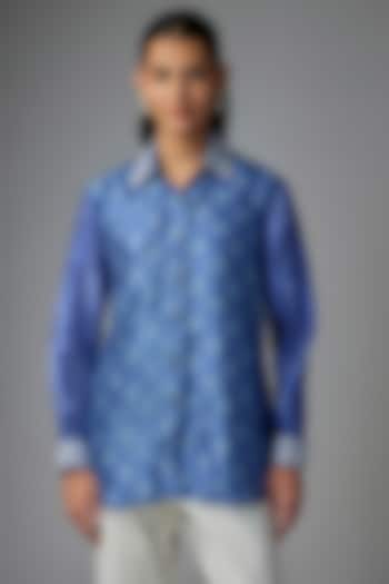 Blue Kora Silk Printed & Floral Embroidered Shirt by Prisha's at Pernia's Pop Up Shop