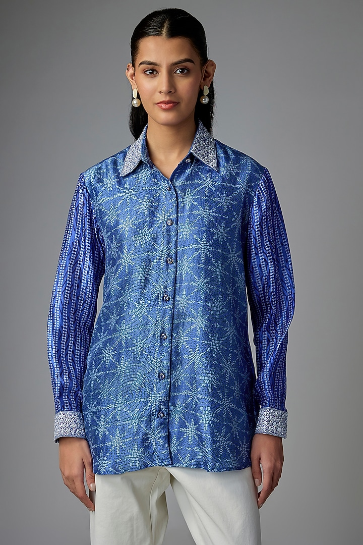 Blue Kora Silk Printed & Floral Embroidered Shirt by Prisha's at Pernia's Pop Up Shop