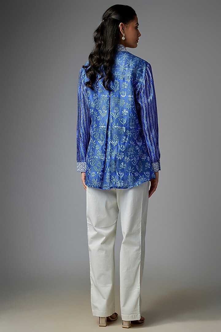 Blue Kora Silk Printed & Floral Embroidered Shirt by Prisha's at Pernia's Pop Up Shop