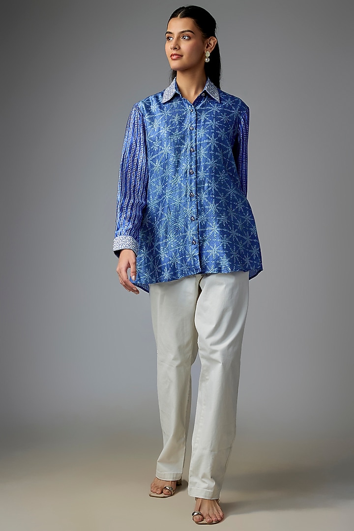 Blue Kora Silk Printed & Floral Embroidered Shirt by Prisha's at Pernia's Pop Up Shop