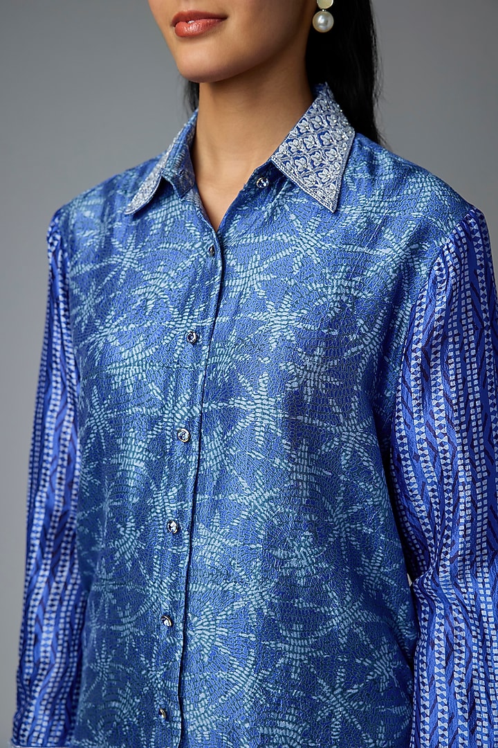Blue Kora Silk Printed & Floral Embroidered Shirt by Prisha's at Pernia's Pop Up Shop