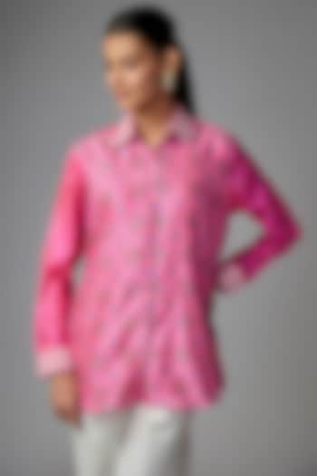 Neon Pink Kora Silk Printed & Floral Embroidered Shirt by Prisha's at Pernia's Pop Up Shop