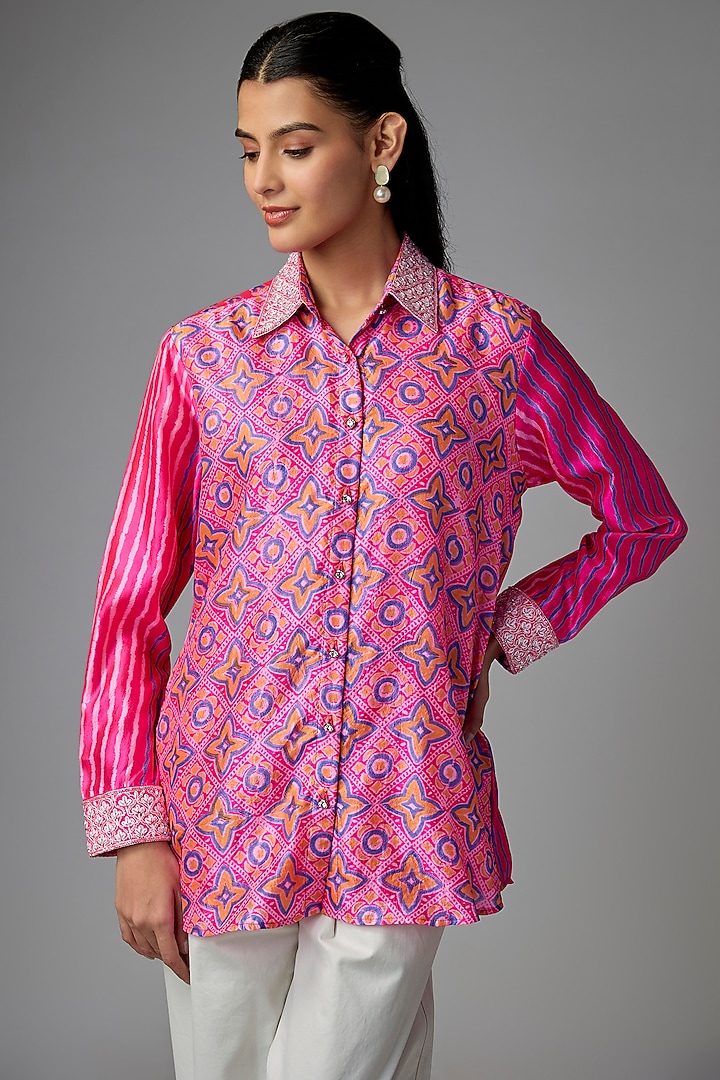 Neon Pink Kora Silk Printed & Floral Embroidered Shirt by Prisha's at Pernia's Pop Up Shop