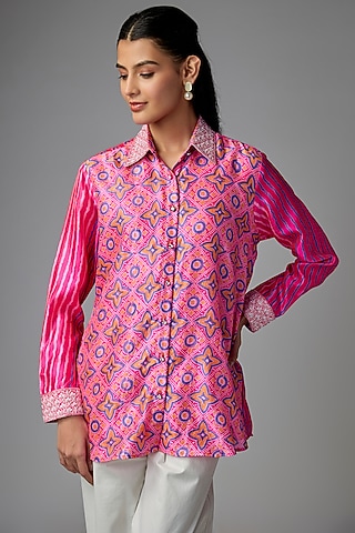 Neon Pink Kora Silk Printed & Floral Embroidered Shirt by Prisha's