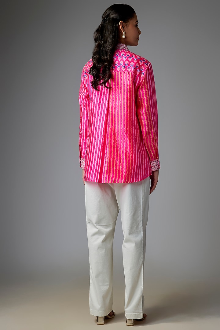 Neon Pink Kora Silk Printed & Floral Embroidered Shirt by Prisha's at Pernia's Pop Up Shop