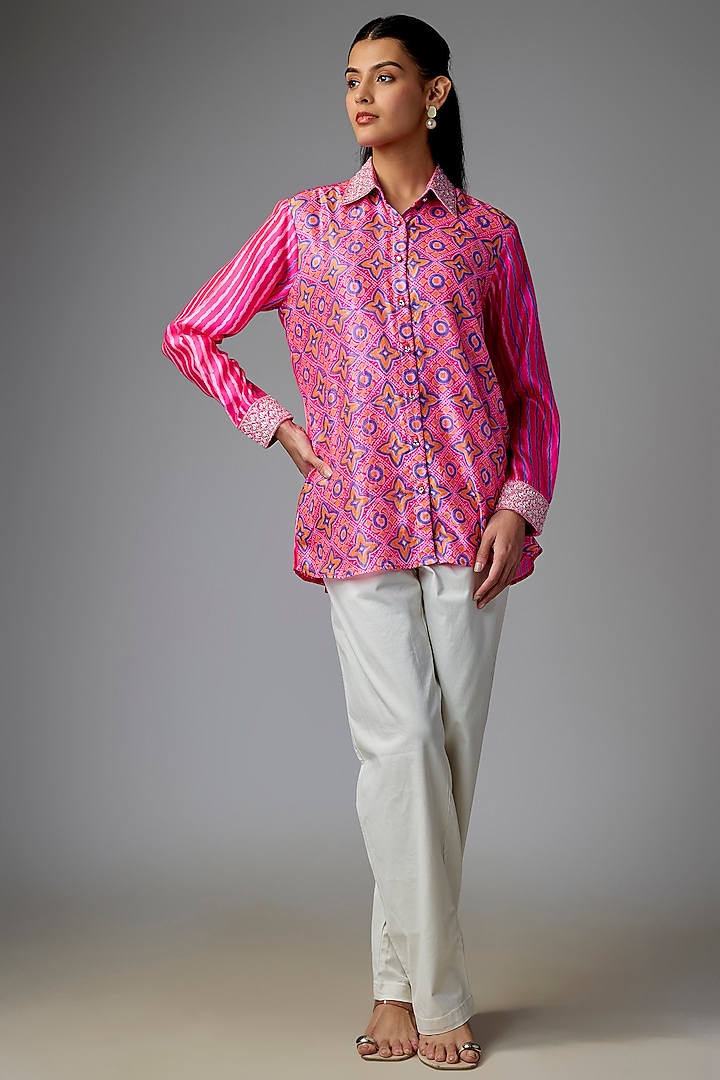 Neon Pink Kora Silk Printed & Floral Embroidered Shirt by Prisha's at Pernia's Pop Up Shop