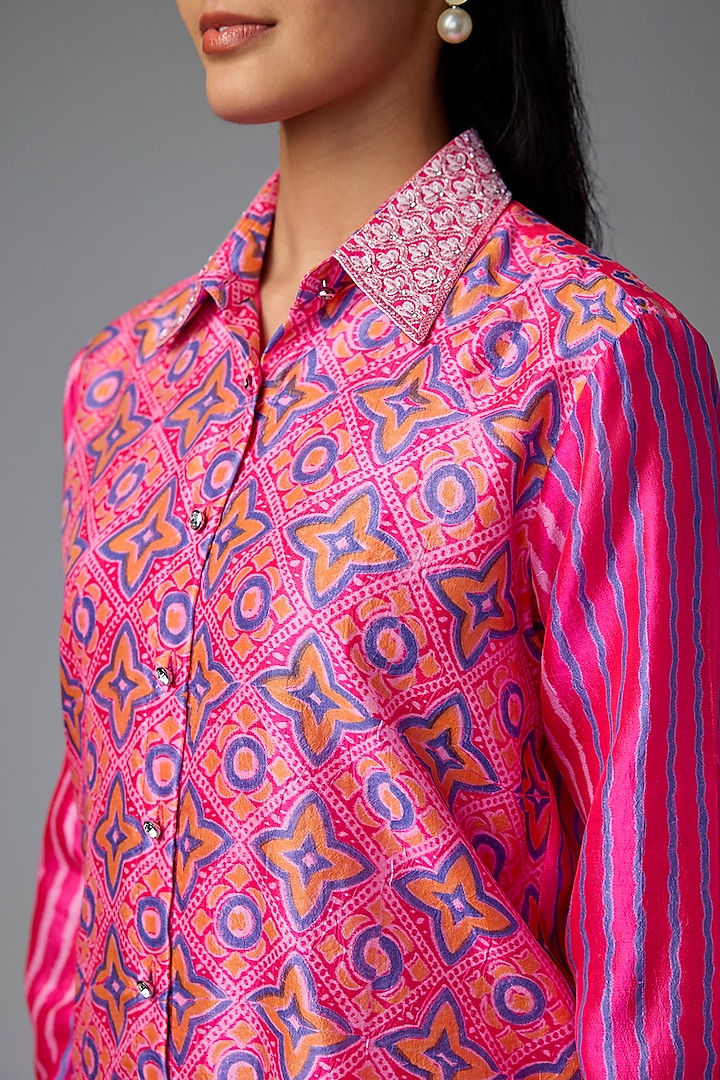 Neon Pink Kora Silk Printed & Floral Embroidered Shirt by Prisha's at Pernia's Pop Up Shop