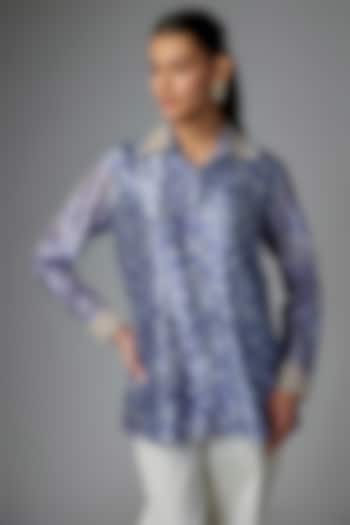 Indigo Blue Kora Silk Printed & Floral Embroidered Shirt by Prisha's at Pernia's Pop Up Shop