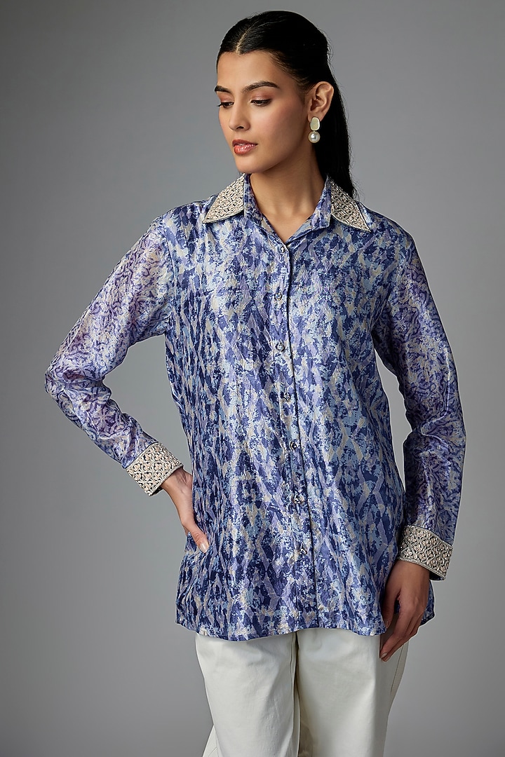 Indigo Blue Kora Silk Printed & Floral Embroidered Shirt by Prisha's at Pernia's Pop Up Shop