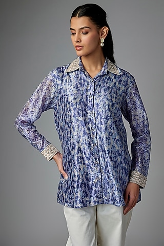Indigo Blue Kora Silk Printed & Floral Embroidered Shirt by Prisha's