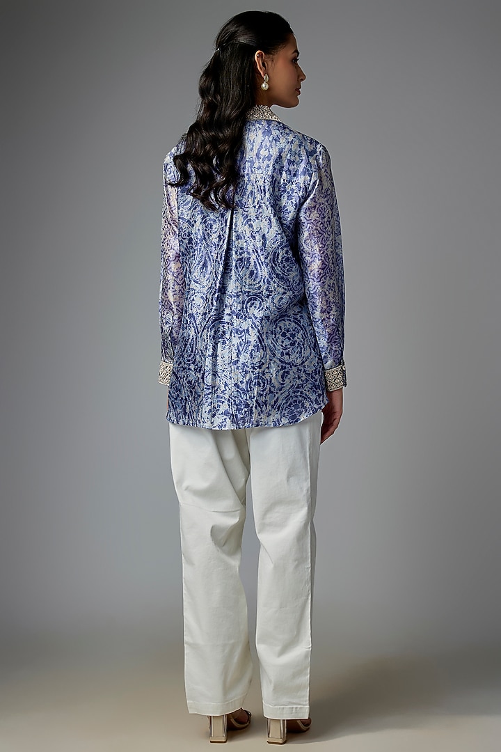 Indigo Blue Kora Silk Printed & Floral Embroidered Shirt by Prisha's at Pernia's Pop Up Shop
