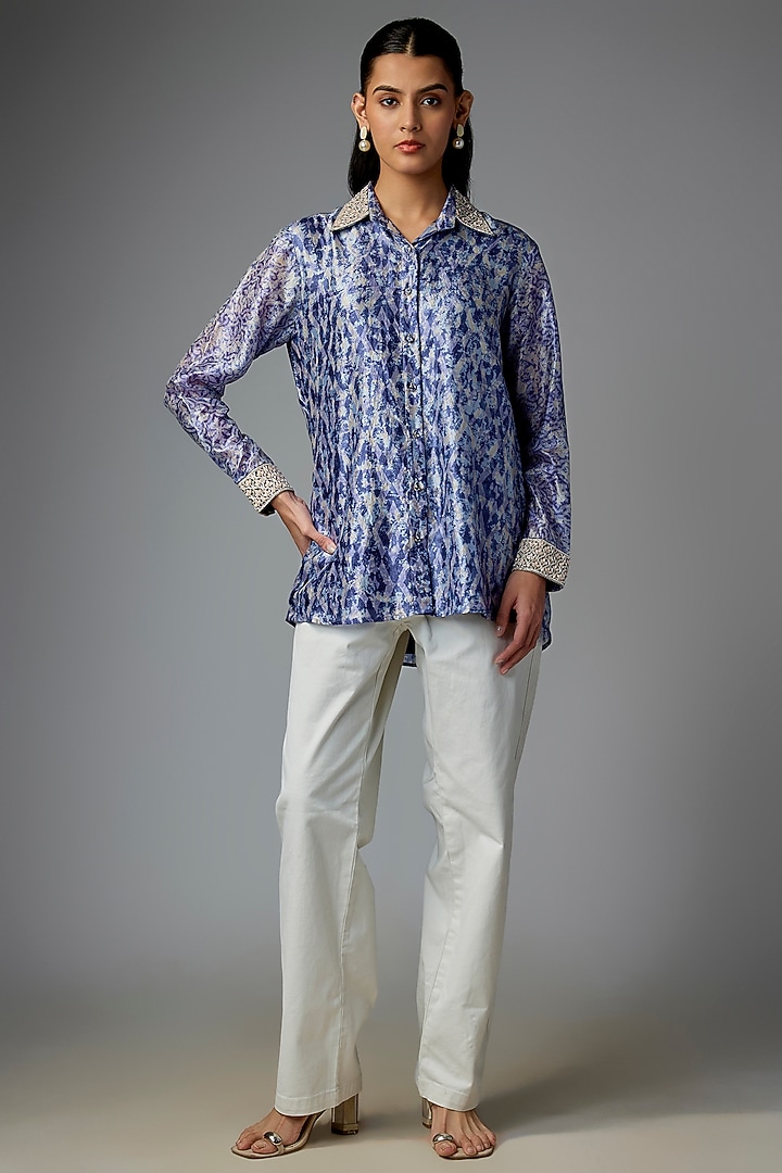 Indigo Blue Kora Silk Printed & Floral Embroidered Shirt by Prisha's at Pernia's Pop Up Shop