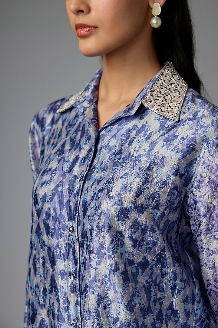 Indigo Blue Kora Silk Printed & Floral Embroidered Shirt by Prisha's at Pernia's Pop Up Shop