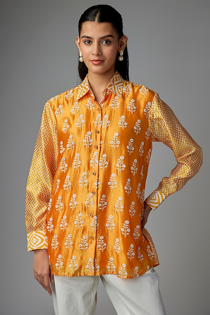 Orange Kora Silk Floral Printed Shirt by Prisha's at Pernia's Pop Up Shop