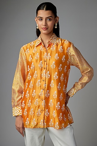 Orange Kora Silk Floral Printed Shirt by Prisha's