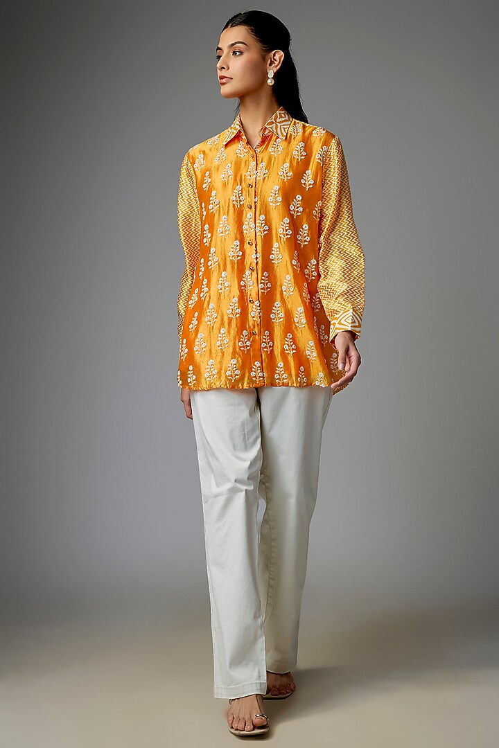 Orange Kora Silk Floral Printed Shirt by Prisha's at Pernia's Pop Up Shop